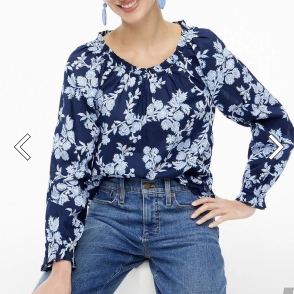 J. Crew Navy Floral Longsleeve Peasant Cotton Blouse